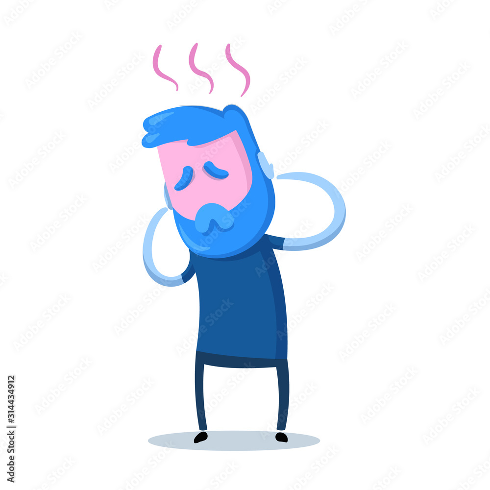 Guy feeling hot and sick. Heat, sun stroke, sickness, headache. Colorful flat vector illustration. Isolated on white background.