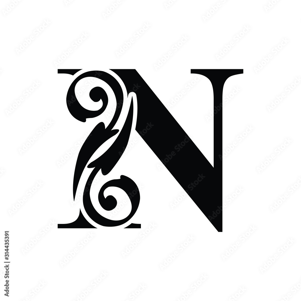 letter N capital. Black flower alphabet. Beautiful letters Stock ...