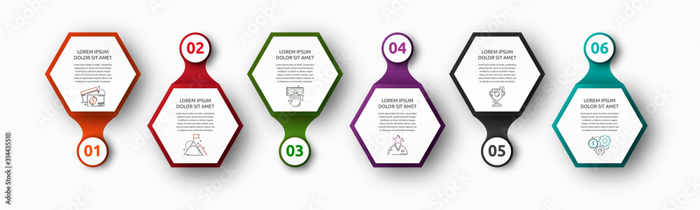 Vector infographic with 6 hexagons and circles. Used for six diagrams ...
