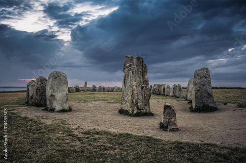 Night view of the mysterious Ales stones on the Swedish south east coast