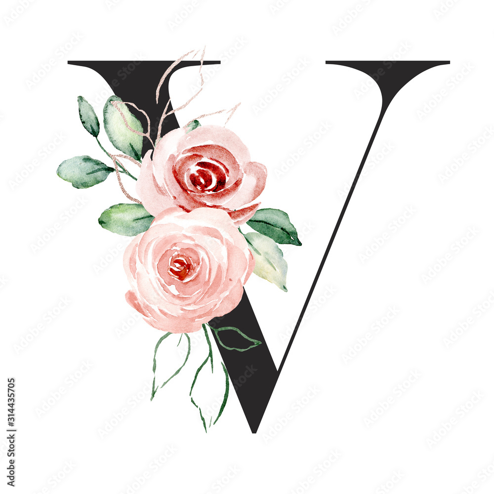 Letter v, alphabet with watercolor flowers roses and leaf. Floral ...