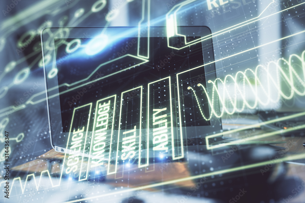 Obraz premium Desktop computer background and education theme drawing. Double exposure. Study concept.