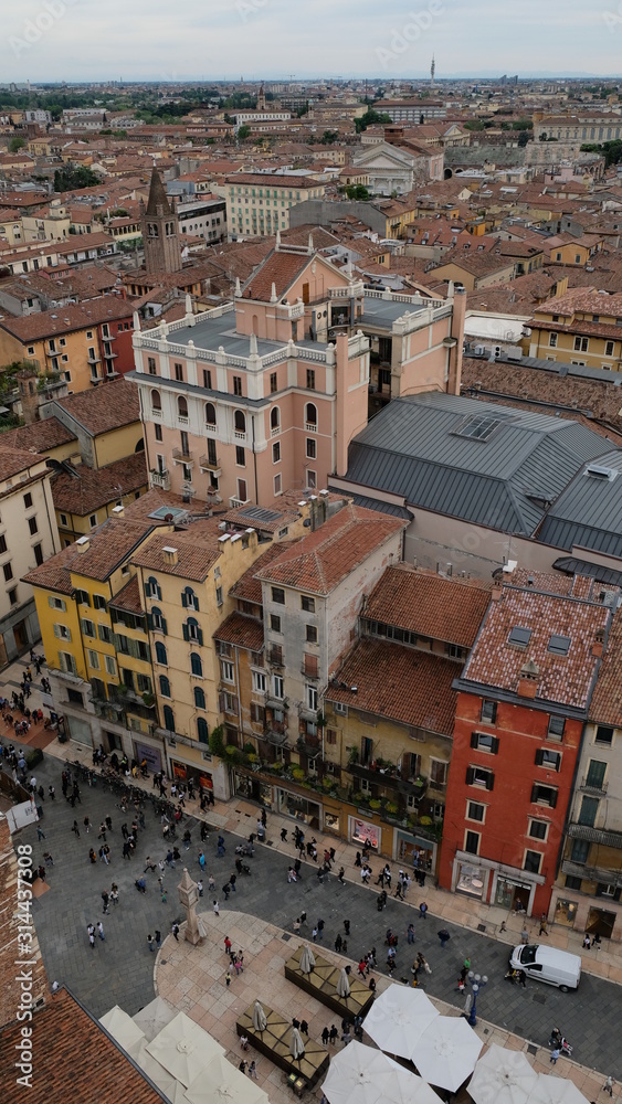 Verona, ITALY - April 27, 2019: The market's square (Piazza delle Erbe) from Torre dei Lamberti, Verona.