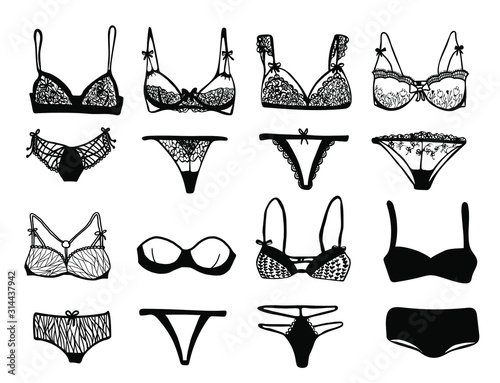 Set of black lace lingerie. Underwear with lace flowers.High fit cowards. Vector hand drawn illustration. Lace underclothes. Collection lingerie. 