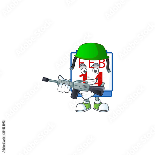 14th valentine calendar carton character in an Army uniform with machine gun