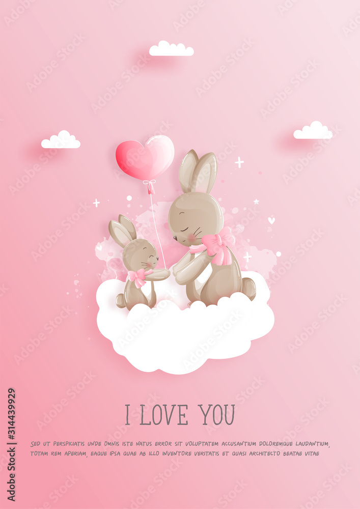 Valentine's card with cute bunny and heart balloon Valentine's card with cute bunny and heart balloon