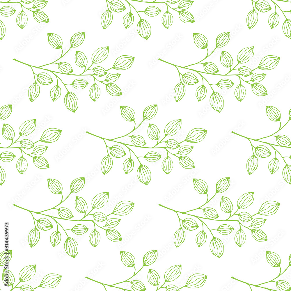 Hand-drawn seamless pattern with green branches and leaves. Simple green leaf tree elements for summer and spring decoration. Doodle for design, logo, cards. Hand-drawn seamless pattern with green branches and leaves. Simple green leaf tree elements for summer and spring decoration. Doodle for design, logo, cards.