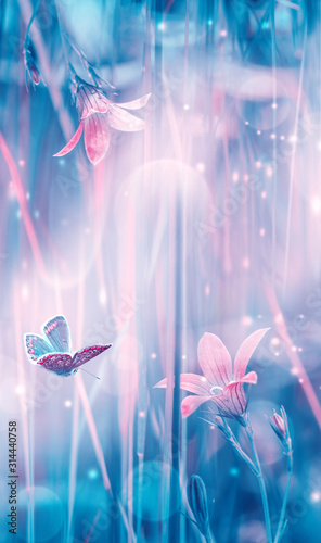 Dreamy spring bellflowers bloom, butterfly close-up, sunlight vertical panorama. Spring floral mixed media art. Artistic toned image. Pastel blue pink toned. Macro with soft focus. Nature background photo