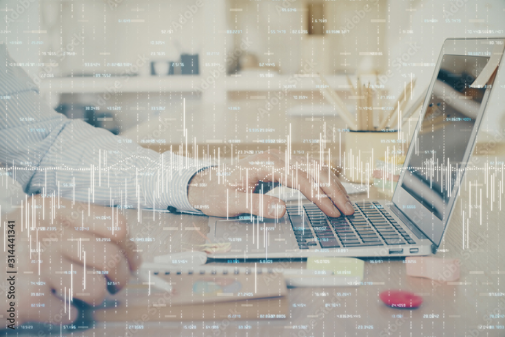 Multi exposure of stock market graph with man working on laptop on background. Concept of financial analysis. Multi exposure of stock market graph with man working on laptop on background. Concept of financial analysis.