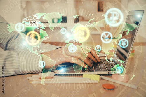 Double exposure of stock market graph with man working on laptop on background. Concept of financial analysis.