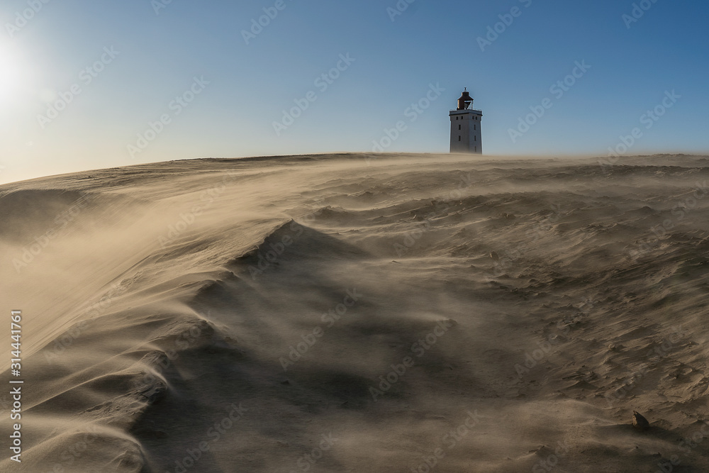 Lighthouse Rudbjerg knude in Denmark on a stormy day