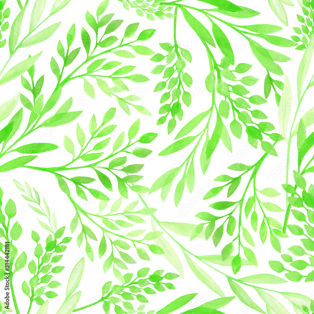 Watercolor green leaves and tree branches seamless pattern. Hand drawn plants isolated on white background. Fresh floral texture for cards, wrapping, decoration. Watercolor green leaves and tree branches seamless pattern. Hand drawn plants isolated on white background. Fresh floral texture for cards, wrapping, decoration.