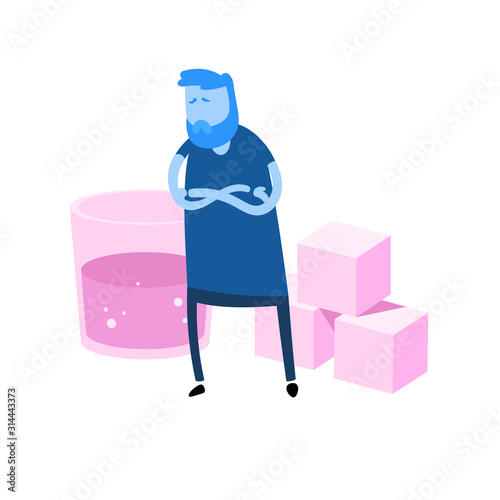 Cartoon man with his arms crossed in front of glass of soda and sugar cubes. High-sugar food danger. Flat design icon. Flat vector illustration. Isolated on white background. photo