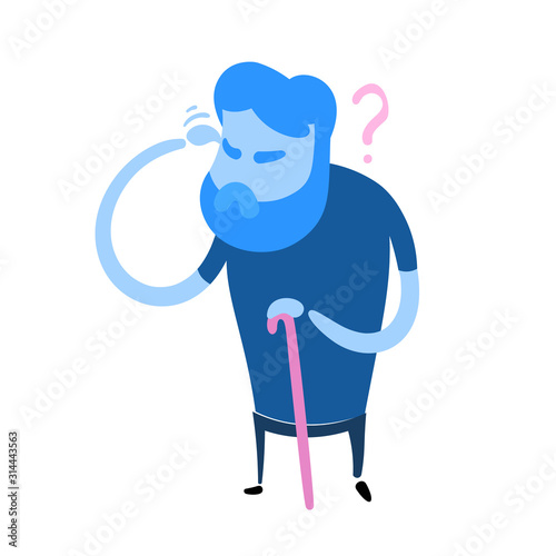 Elderly man scratching his head trying to remember or feeling confused. Confusion, memory loss. Colorful flat design icon. Flat vector illustration. Isolated on white background.