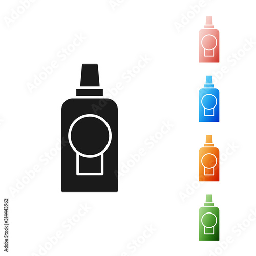 Black Mouthwash plastic bottle icon isolated on white background. Liquid for rinsing mouth. Oralcare equipment. Set icons colorful. Vector Illustration