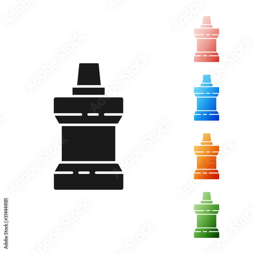 Black Mouthwash plastic bottle icon isolated on white background. Liquid for rinsing mouth. Oralcare equipment. Set icons colorful. Vector Illustration