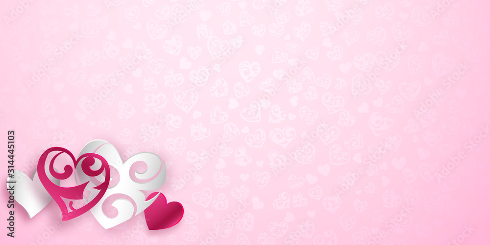 Valentine's day card with red and white hearts with curls and shadows on pink background