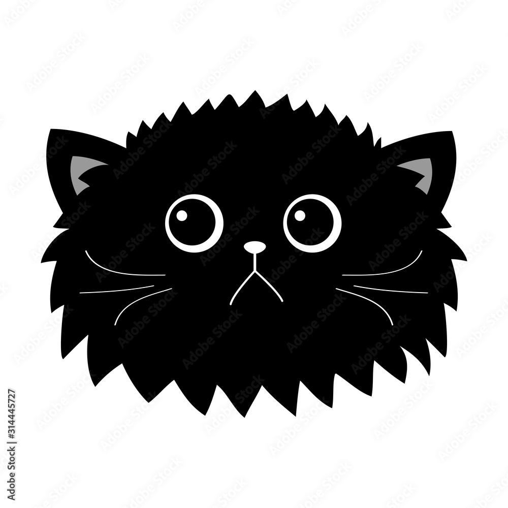 Black cat fluffy head face icon set. Cute funny cartoon character. Sad emotion. Kitty Whiske.r Baby pet collection. White background. Isolated. Flat design.