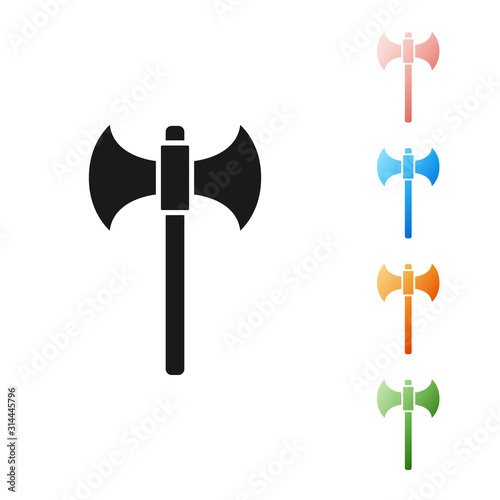 Black Medieval axe icon isolated on white background. Battle axe, executioner axe. Set icons colorful. Vector Illustration