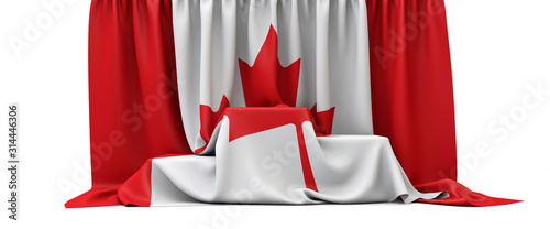 Canada flag draped over a competition winners podium. 3D Render photo