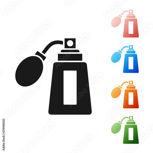Black Aftershave bottle with atomizer icon isolated on white background. Cologne spray icon. Male perfume bottle. Set icons colorful. Vector Illustration
