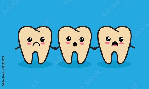 Tooth decay. Bad unhealthy teeth cute characters. Dental care background. 