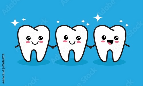 Cute white shining teeth characters. Concept of tooth whitening and dental care 
