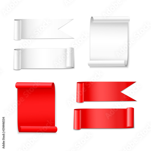  vector set of blank templates, poster, sticker, convolution, white and red colors. Isolated image on a white background paper,  ribbon or flag of white and red. frame for text
