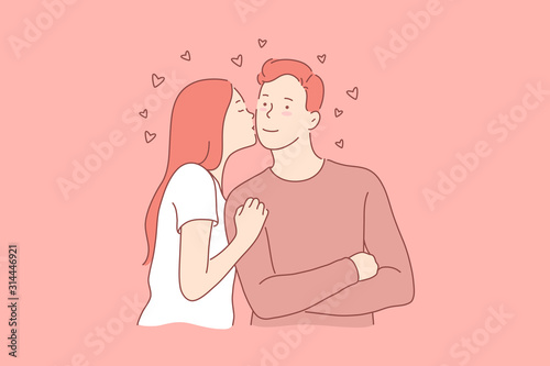 Family, love, relationship concept. Young merry couple has tender sweet relationship. Girlfriend loves her lovely boyfriend very much. All happy families start from huge love. Simple flat vector