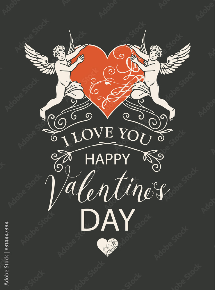 Vector greeting card, postcard or banner with inscriptions I Love you and Happy Valentines Day. Valentine card with angels and red heart in retro style on black background - obrazy, fototapety, plakaty 