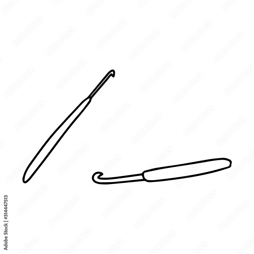 Crochet hooks. Black and white vector illustration isolated on a white background. Hand-drawn doodle style element. Knitting hooks with a plastic handle. Knitting, needlework, creativity, hobby Crochet hooks. Black and white vector illustration isolated on a white background. Hand-drawn doodle style element. Knitting hooks with a plastic handle. Knitting, needlework, creativity, hobby
