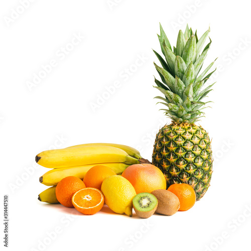 Assortment of tropical fruits  group of banana  kiwi  orange  tangerine  lemon  pineapple  grapefruit isolated on white background