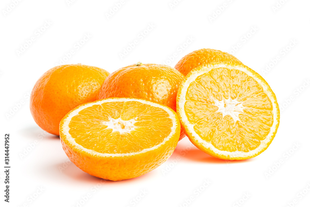 Sliced round halves of orange fruit and whole citrus isolated on white background Sliced round halves of orange fruit and whole citrus isolated on white background