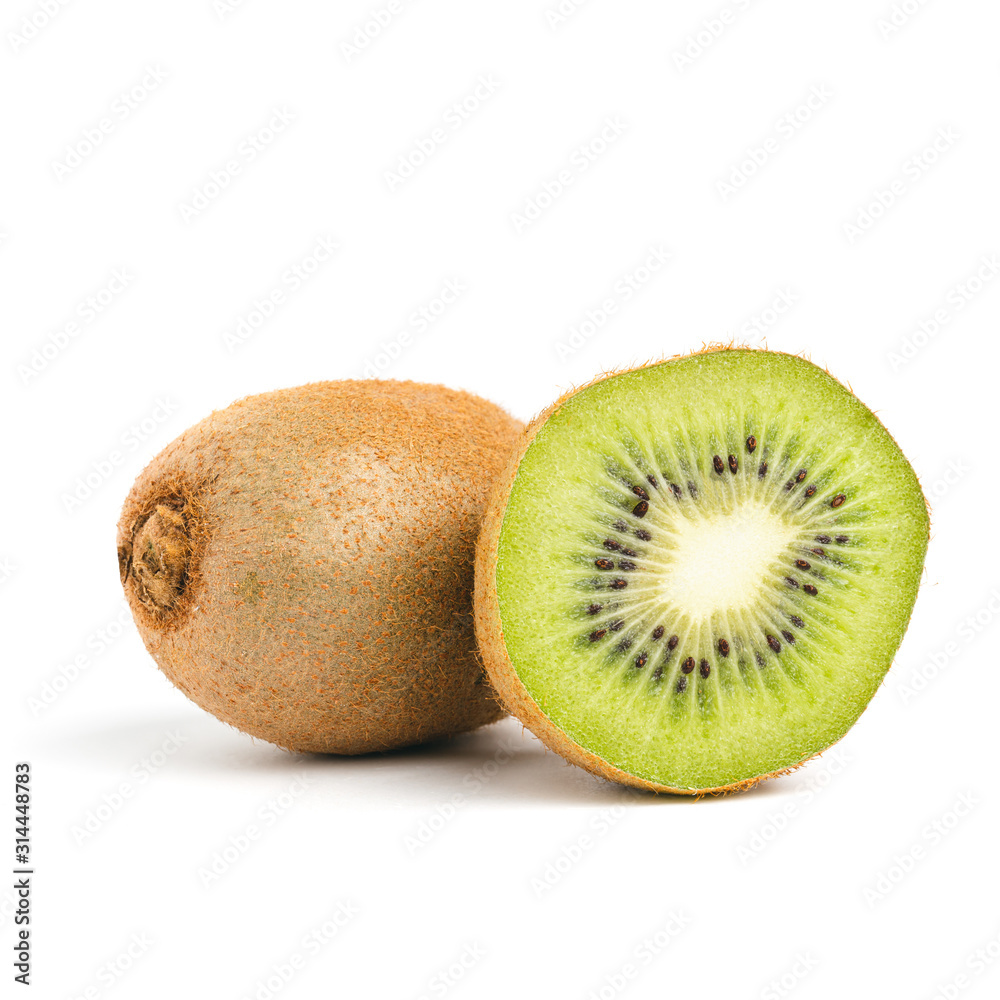 Sliced round half kiwi and whole tropical fruit isolated on white background Sliced round half kiwi and whole tropical fruit isolated on white background
