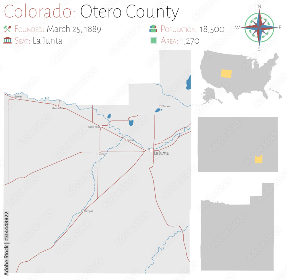 Large and detailed map of Otero county in Colorado, USA.