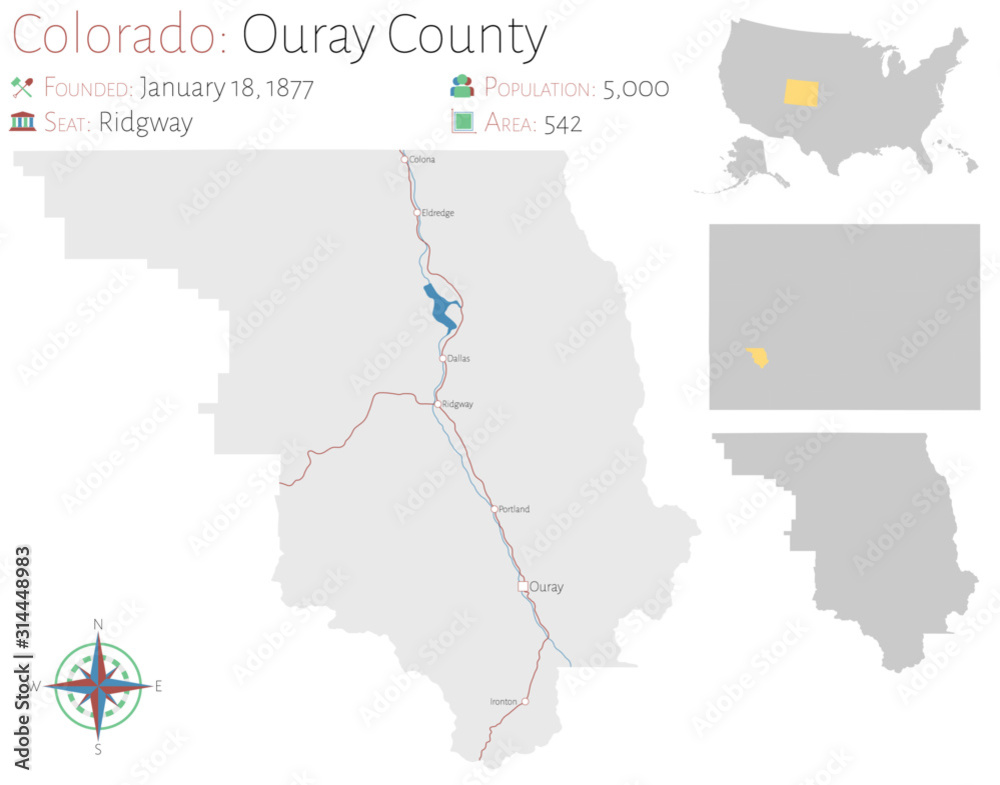 Fototapeta premium Large and detailed map of Ouray county in Colorado, USA.