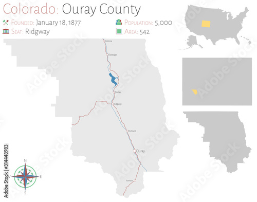 Large and detailed map of Ouray county in Colorado, USA.