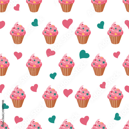 Seamless pattern with cakes and hearts. Vector illustration.
