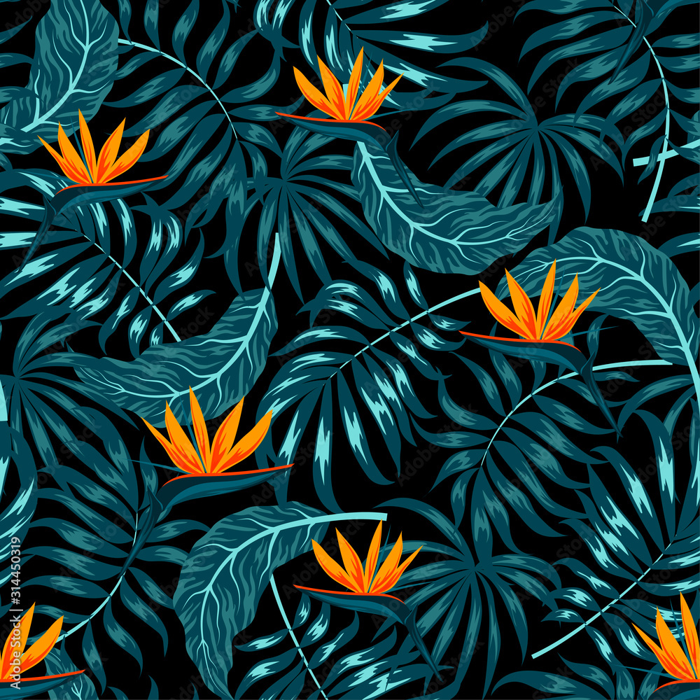 Tropical seamless pattern with plants and flowers on a dark background. Vector background for various surface. Illustration in Hawaiian style. Jungle leaves. Botanical pattern. Exotic wallpaper. Tropical seamless pattern with plants and flowers on a dark background. Vector background for various surface. Illustration in Hawaiian style. Jungle leaves. Botanical pattern. Exotic wallpaper.