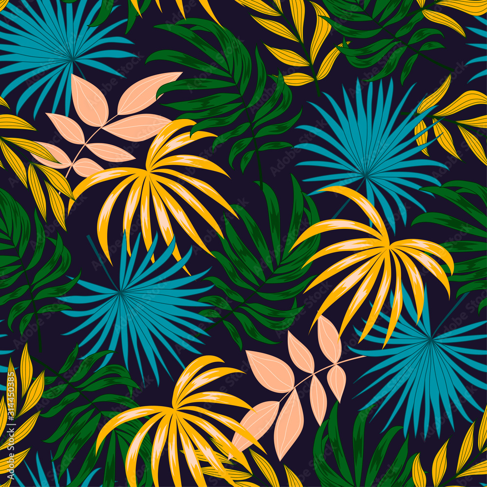 Tropical seamless pattern. Blue and yellow plants and leaves on a dark background. Vector background for various surface. Trendy summer Hawaii print.  Floral pattern.