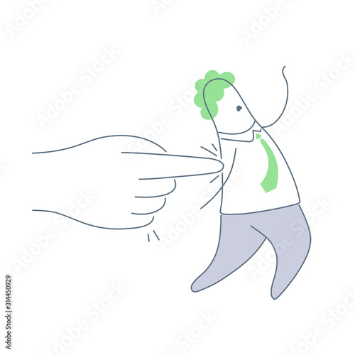 Motivation, mentoring, pushing force to move forward and makes him do something. Giant hand of leader pushing businessman. Clean line vector illustration on white.