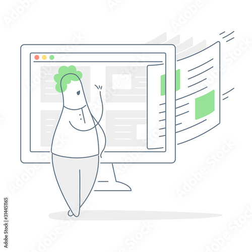Website content update, fresh news, new blog article. Cartoon character and computer display with loading or refreshing new web page. Clean line vector illustration on white. 