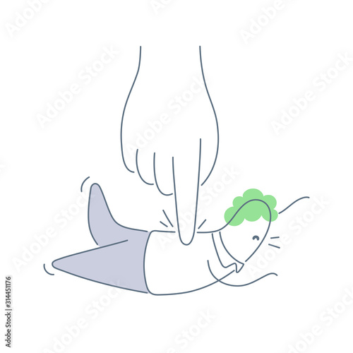 Under the pressure, a man is pressed into the ground by the hand of a boss. Stress, requirements, influence. Outline vector illustration on white. 