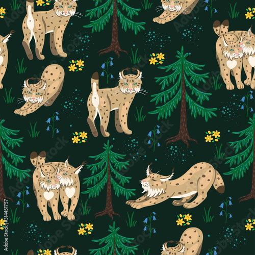 Seamless pattern with lynxes in the forest. Vector graphics.