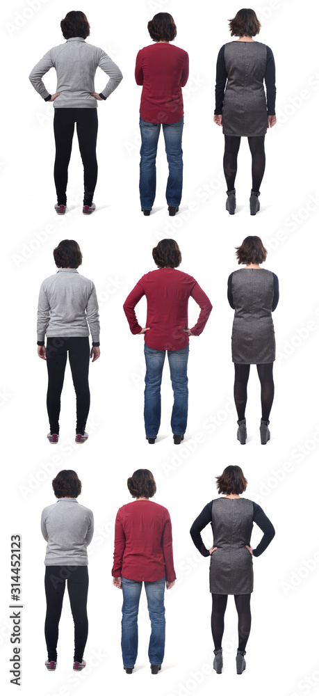 large group of photos of a woman from behind on white background Stock ...
