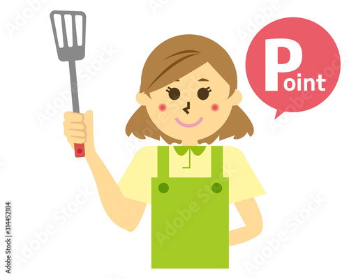 女性　エプロン　料理　フライ返し