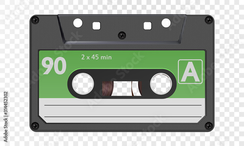 Realistic cassette as vintage object for 80s 90s revival mix tape design, party poster or cover. Vector sign or icon
