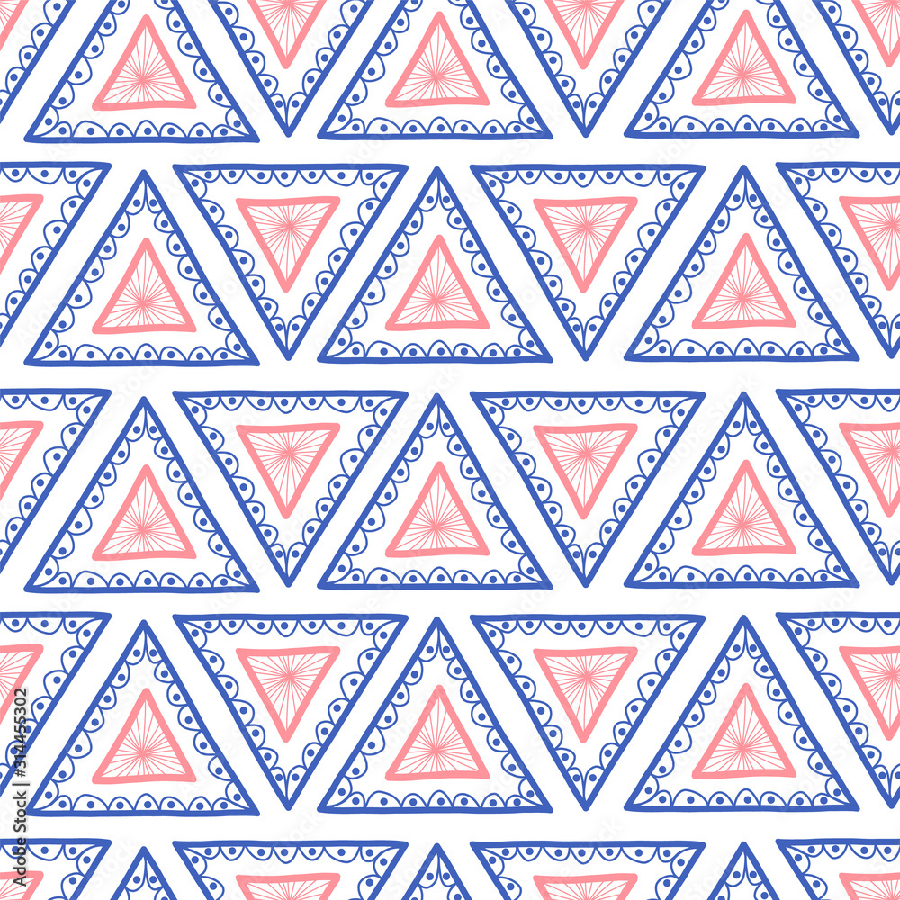 Geometric seamless hand drawn triangle background. Hand drawn Boho style  pink and blue triangles repeating vector pattern. Ethnic tribal backdrop.  Repeat tile for fabric, wallpaper, packaging Stock Vector | Adobe Stock