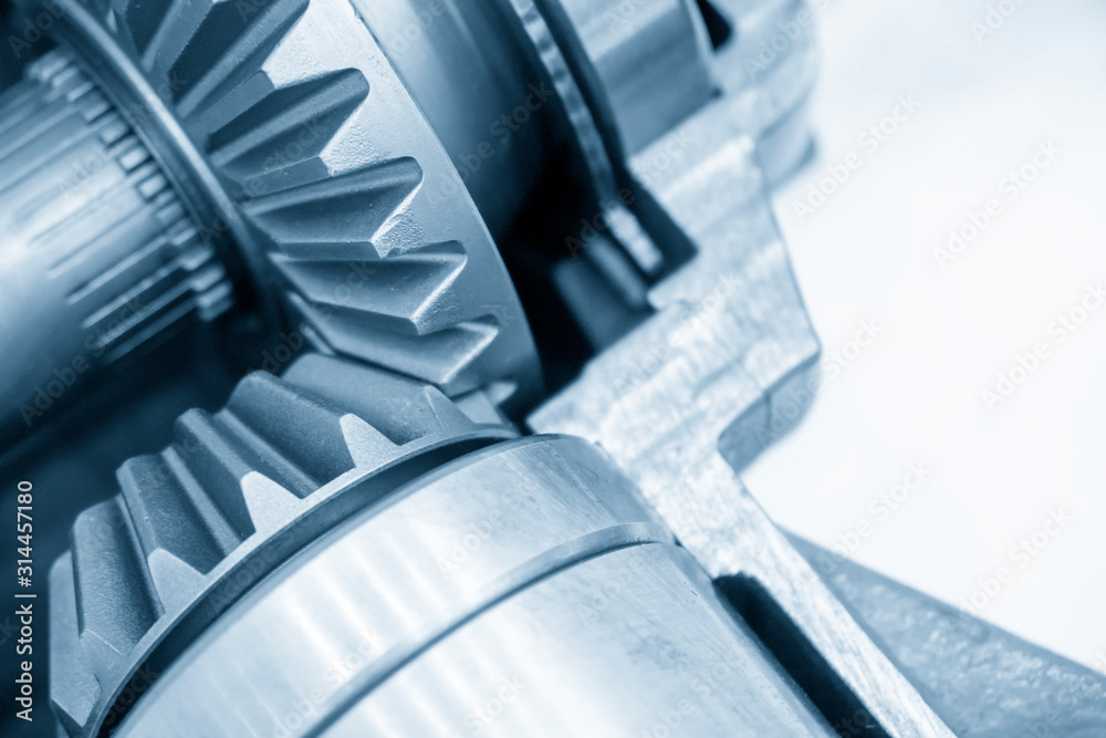 The closeup scene of differential gear set of transmission system. The