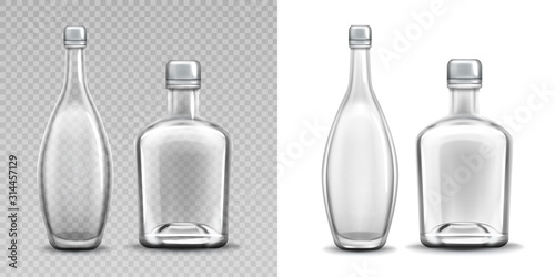 Vodka and liquor glass bottles realistic vector illustration. Empty clear alcohol packaging, unlabeled closed containers of various shapes isolated on transparent white background, mockup
